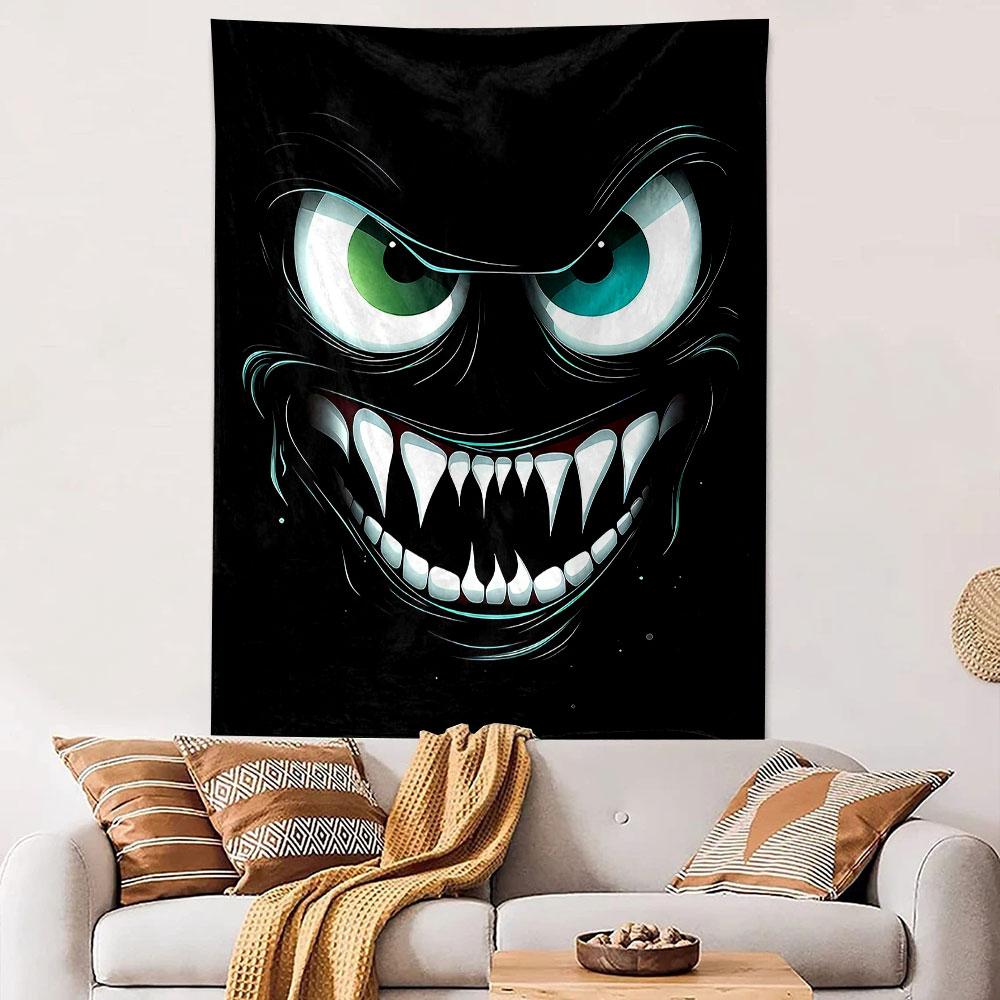 Halloween Wall Tapestry Evil Grin Cartoon Face Big Green Eyes Sharp Teeth Black Horror Decor for Game Room Man Cave Gift
