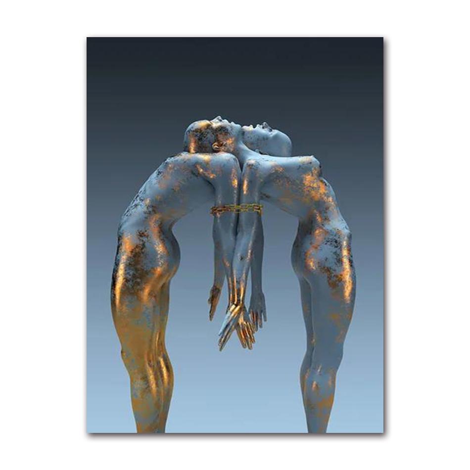 Abstract Metal Figure Statue Canvas Painting Poster and Prints Golden Portrait Sculpture Wall Picture for Living Room Home Decor