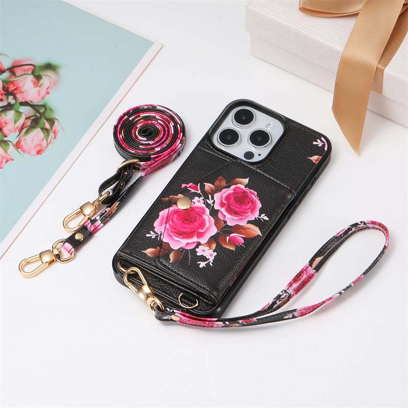 Flower Crossbody Card Holder Case with Lanyard for iPhone 13, 14, 16, 17 Pro