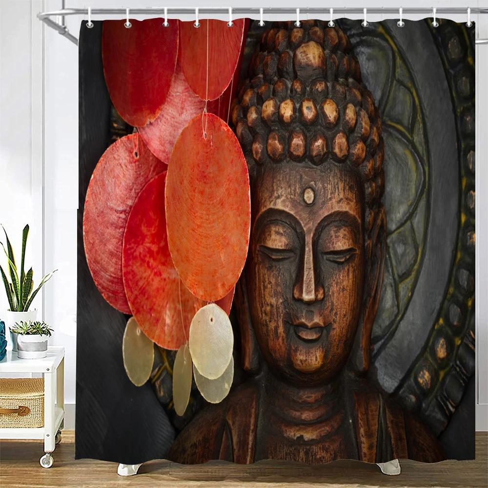 Bathroom Shower Curtains Buddha Statue Bamboo Bath Screens Home Decor Waterproof Polyester Fabric With Hooks 240X180Xm