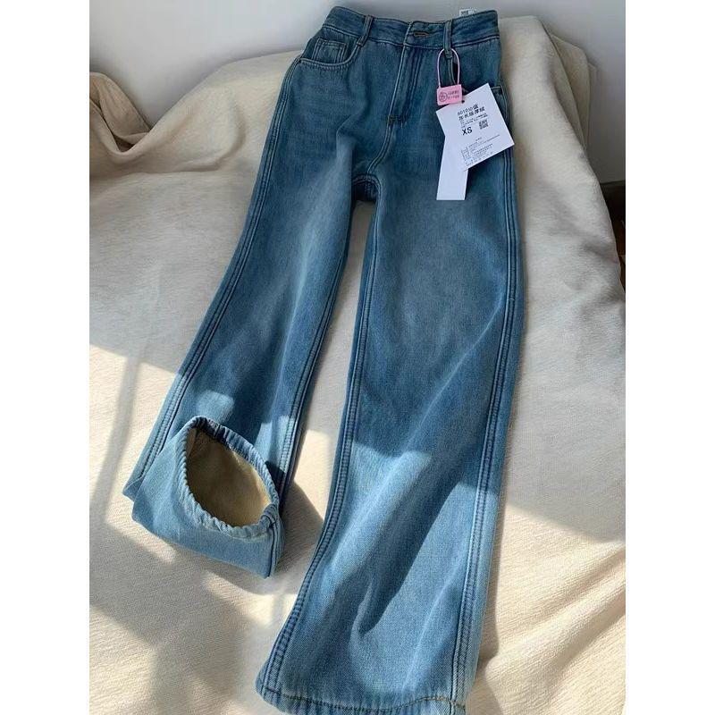 

Женские джинсы с высокой посадкой, на флисовой подкладке, широкие штанины - Синий ретро, Осень/Зима 2XL (Recommended 125-140 catty)