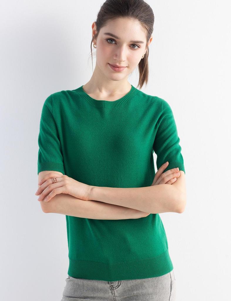 Women's Wool Knit Round Neck Short Sleeve Pullover Top