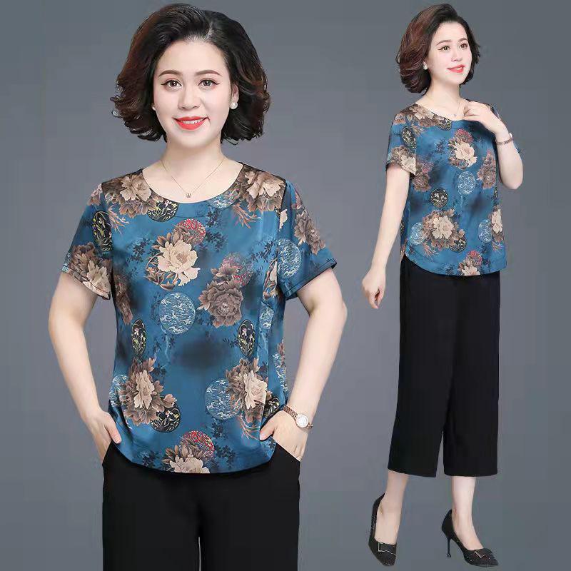 Mom's summer dress short-sleeved ice silk T-shirt foreign style and thin two-piece set middle-aged women's summer chiffon casual suit