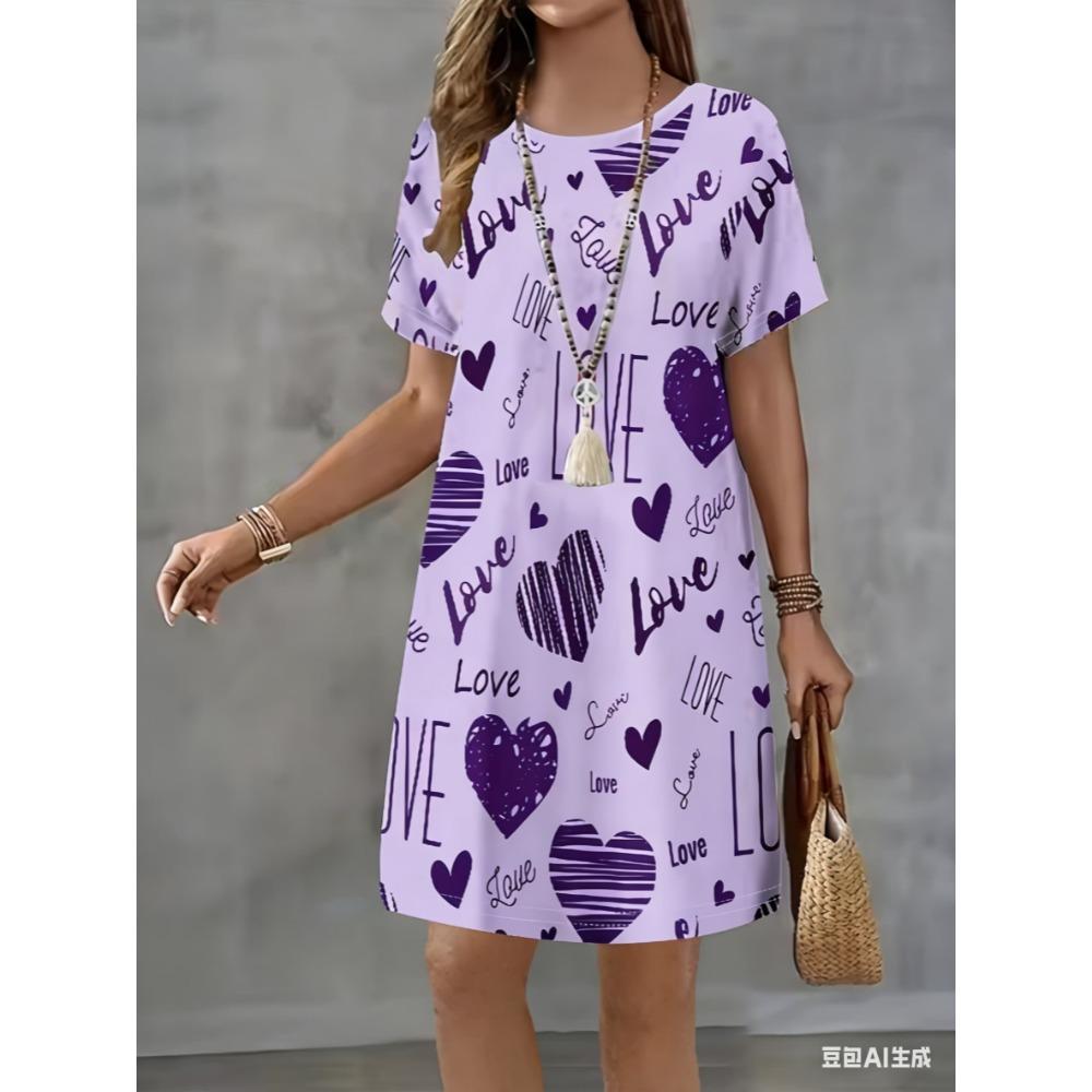 New love-themed printed dress, women's summer short-sleeved round-neck casual A-line skirt