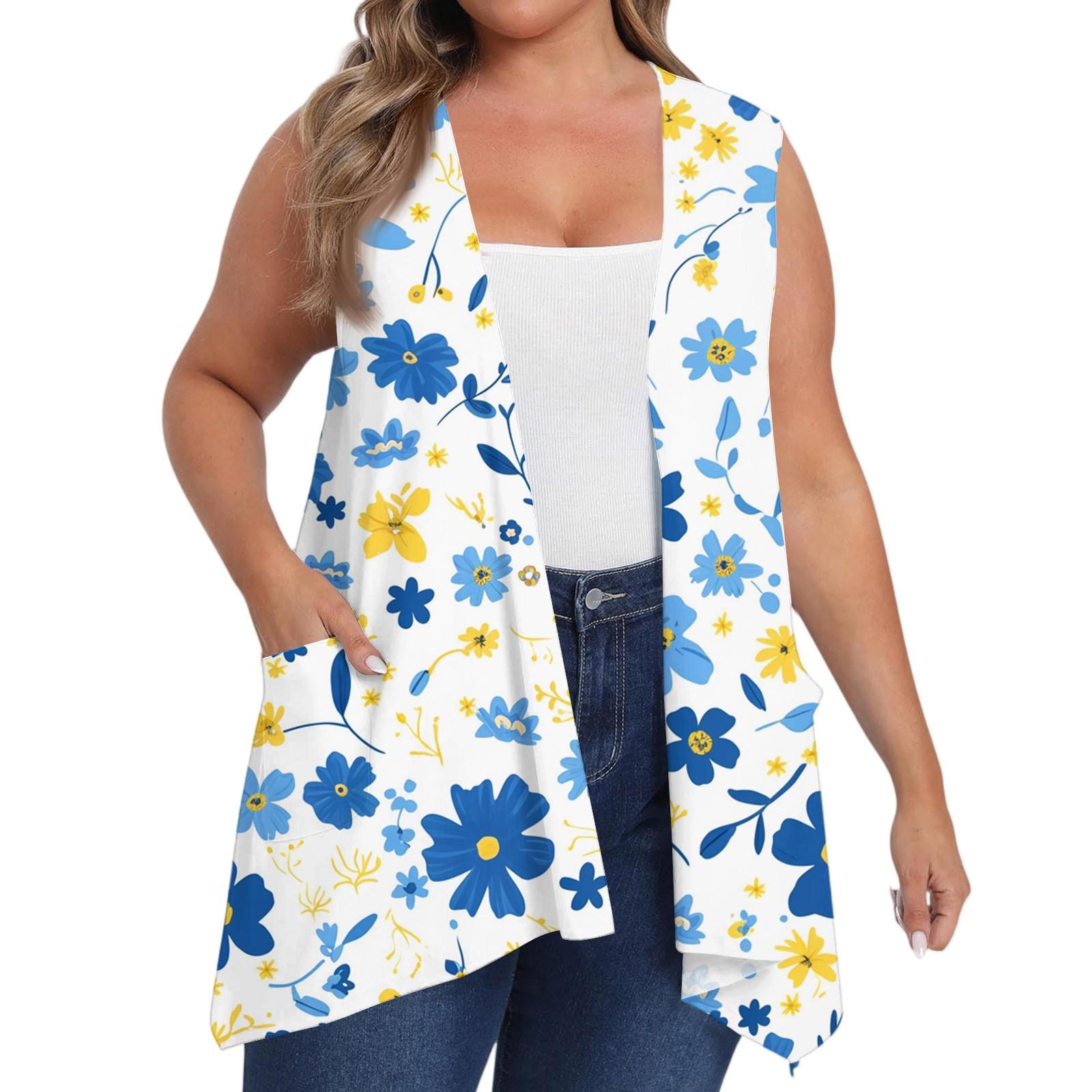 

Женский оверсайз свободный повседневный жилет без рукавов с принтом и карманом, кардиган-жакет XL небесно-голубой