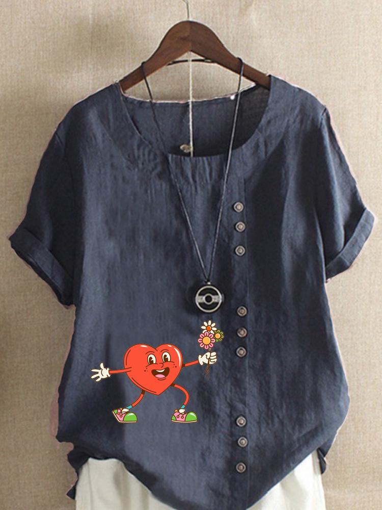 Women's Fashion Heart Shaped Floral Print Round Neck Short Sleeve T-shirt Summer Casual Cotton Linen Graphic Shirt Leisure Loose Blouse Tops