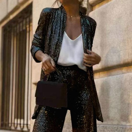 Women Pant Coat Shiny Sequin Formal Commute Style Solid Color Cardigan Long Seeve