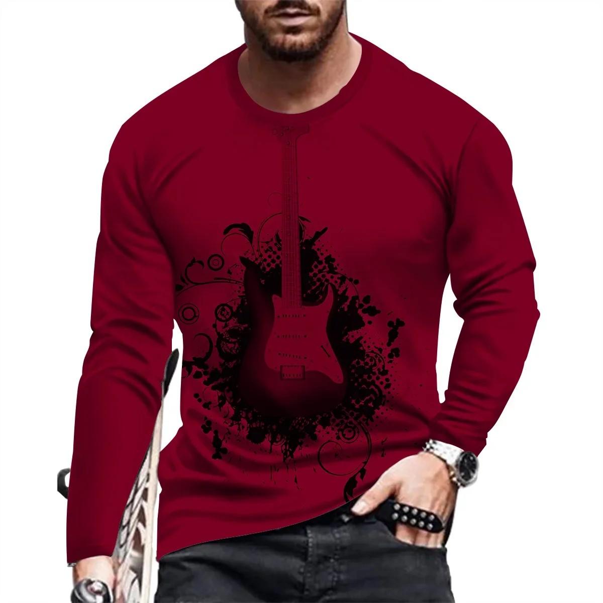 

Spring And Autumn Men Guitar Pattern 3d Printed Round Neck Long Sleeve Street Personality Trend Large Size Loose Casual Top XXL