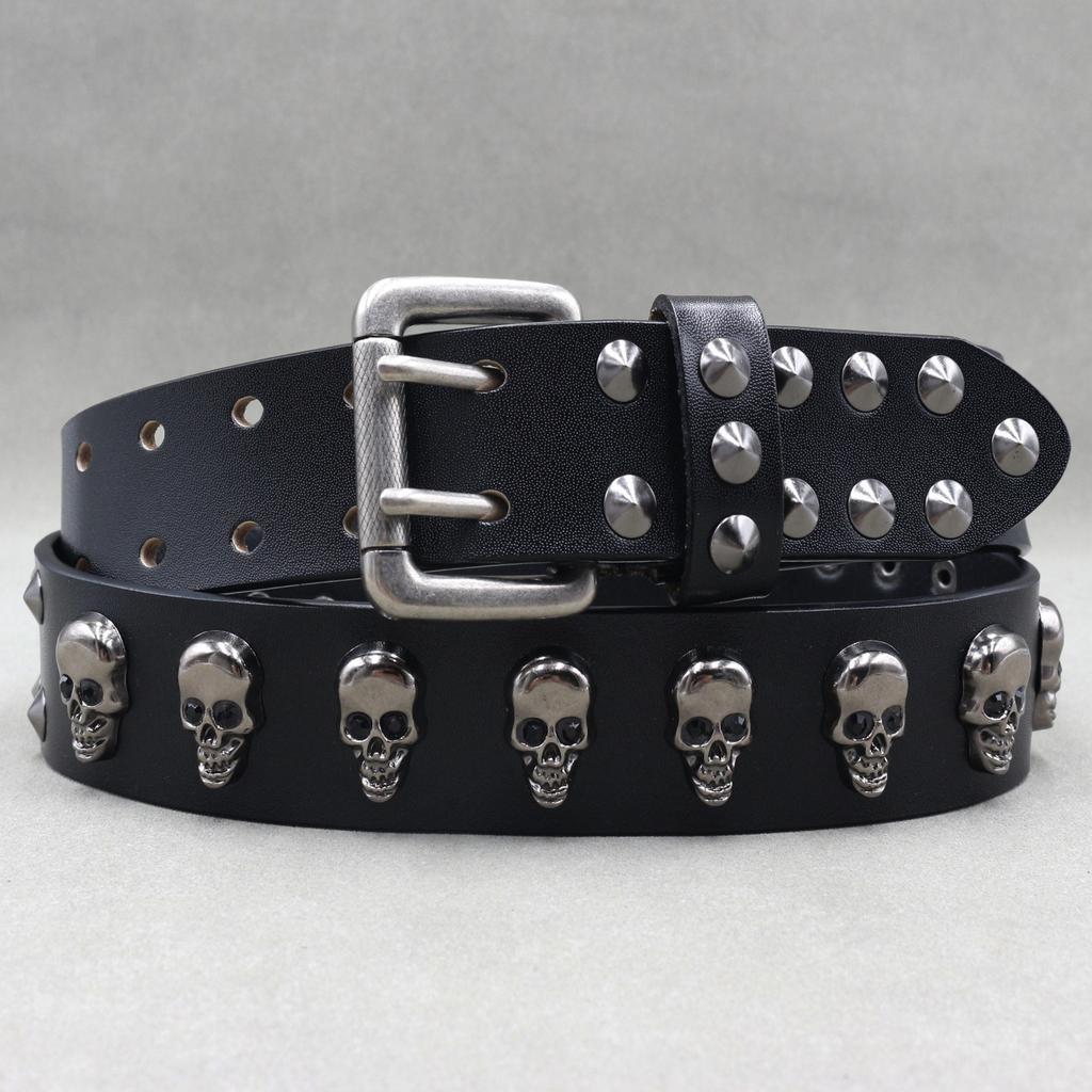 Punk Rivet Belt Real Cowhide Spike Skull Accessories Western Cycling Nightclub Belt A Whole Row of Skulls