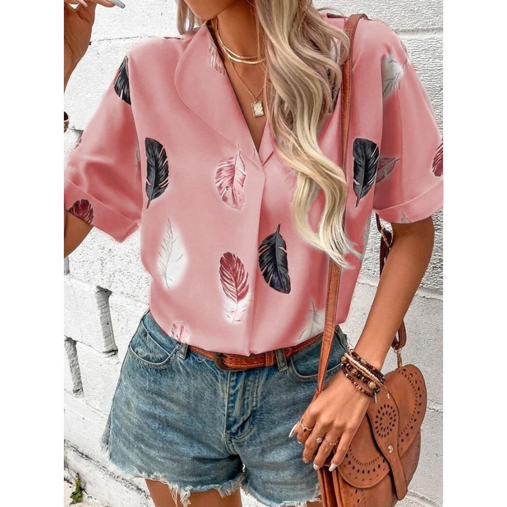 Summer Lapel Feather Shirt Short Sleeve Shirt