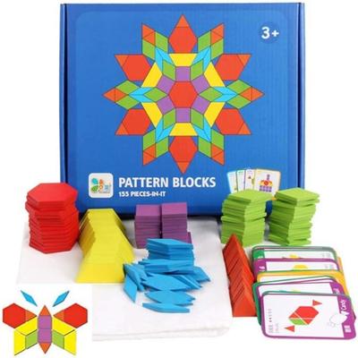 Wooden Pattern Blocks Set 155 Pcs Geometric Shape Puzzle Kindergarten Tangram Brain Teasers Early Educational Montessori for Kid