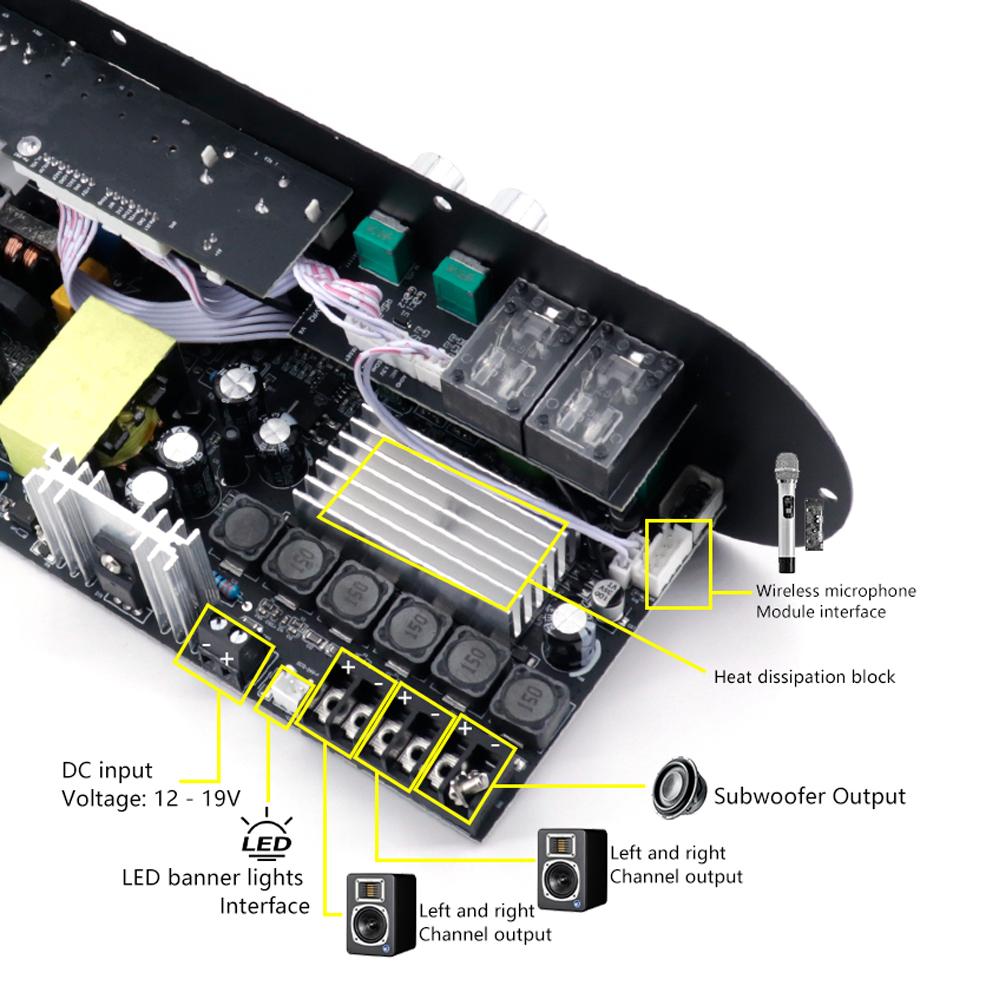 D800 2.1-Channel Bluetooth Amplifier Board 50W+50W+100W High-Power Output with Bluetooth 5.0 AUX+MIC FM+USB+TF Card