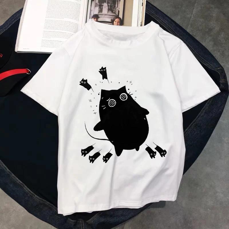 Kawaii T Shirts Women Cat New Tops Female Tshirt Loose Tshirt Summer Tee White Tshirts Round Neck Oversized T Shirt