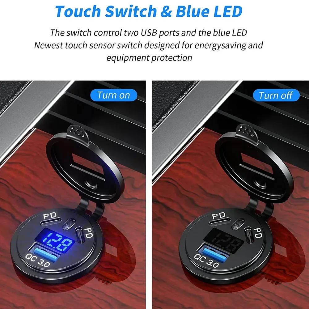 Kewig 108W USB Car Charger Socket Dual PD Type C QC 3.0 with Voltmeter Power Switch Fast Charging for 12-24V Car Boat Motorcycle