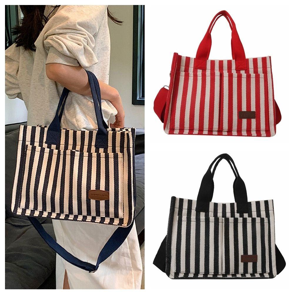 Simple Shoulder Bag Large Capacity Cloth Handbag Temperament Stripe Canvas Tote Bag  Girls