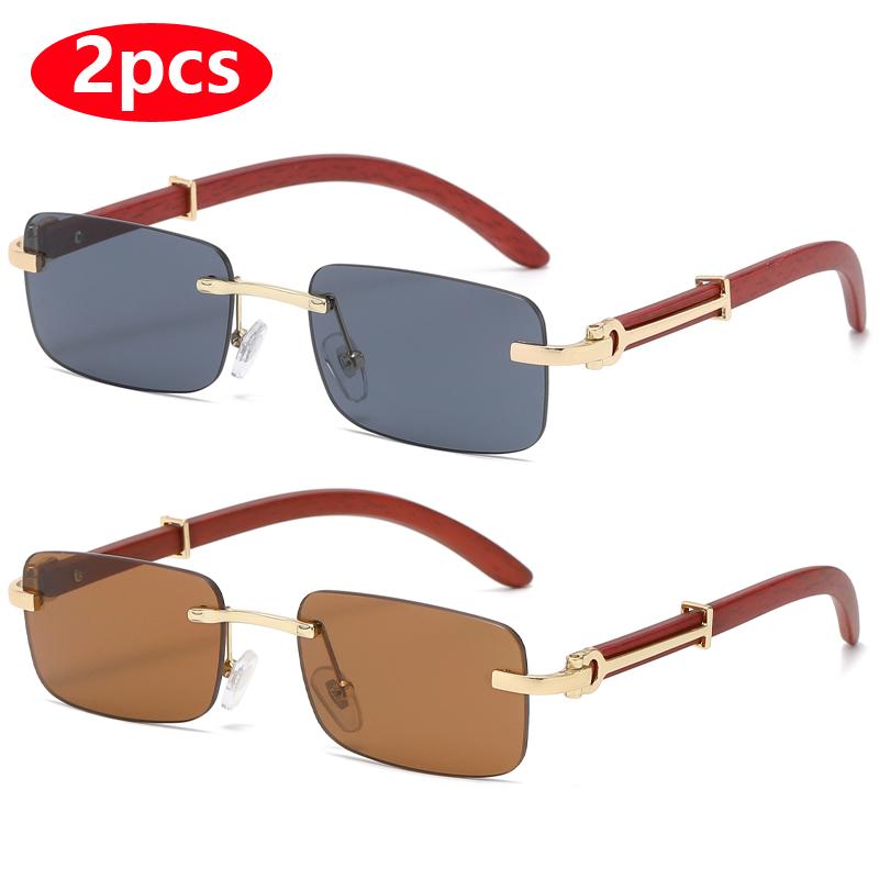 2pcs Rectangle Rimless Sunglasses Women Square Eyeglasses Luxury Brand Designer Retro Wooden Frame Gradient Sun Glasses UV400
