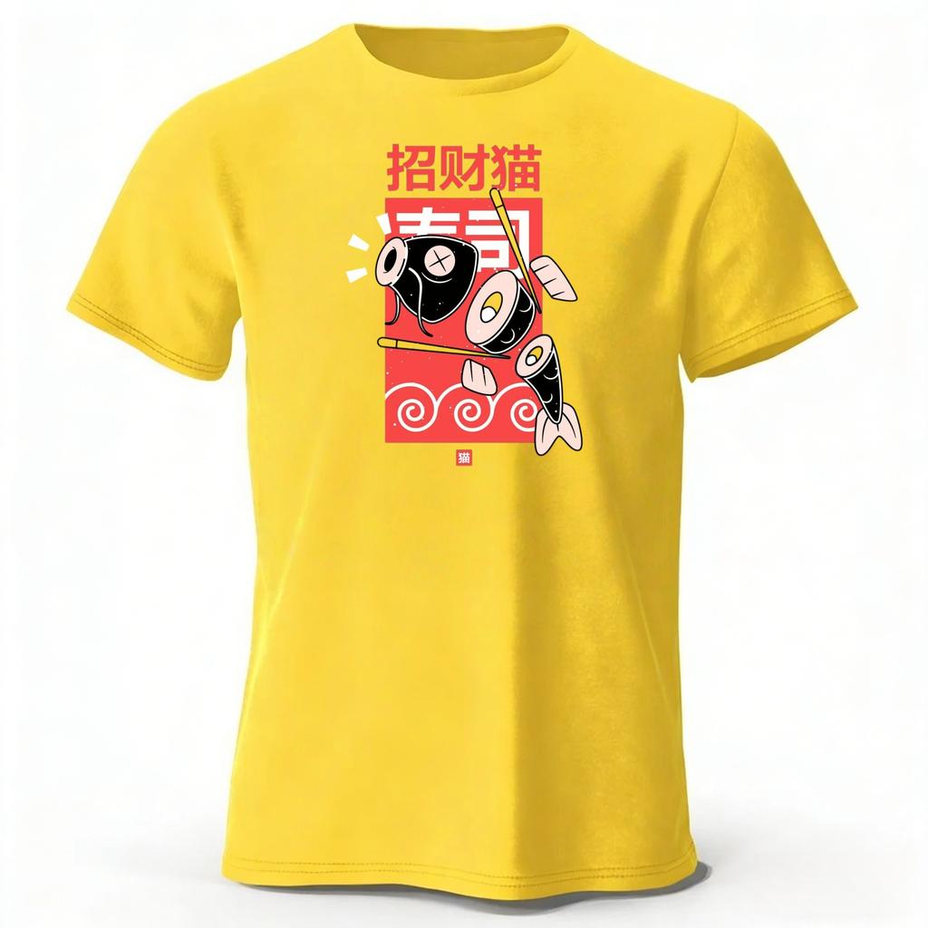 Summer New Japanese Cat Style Trendy Casual Printed Pure Cotton Tshirt for Men Loose Oversized Breathable Oneck Short Sleeved