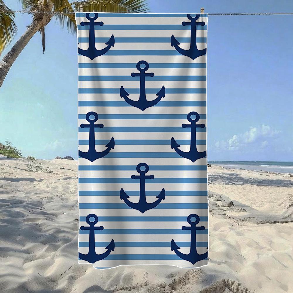 Classic Anchor & Horizontal Stripe Pattern Beach Towel, Soft Durable Quick-Drying, Ideal For Summer Beach, Swimming & Camping