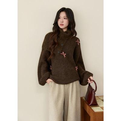 Women's French Retro Plaid Bowknot Sweater with Detachable Collar