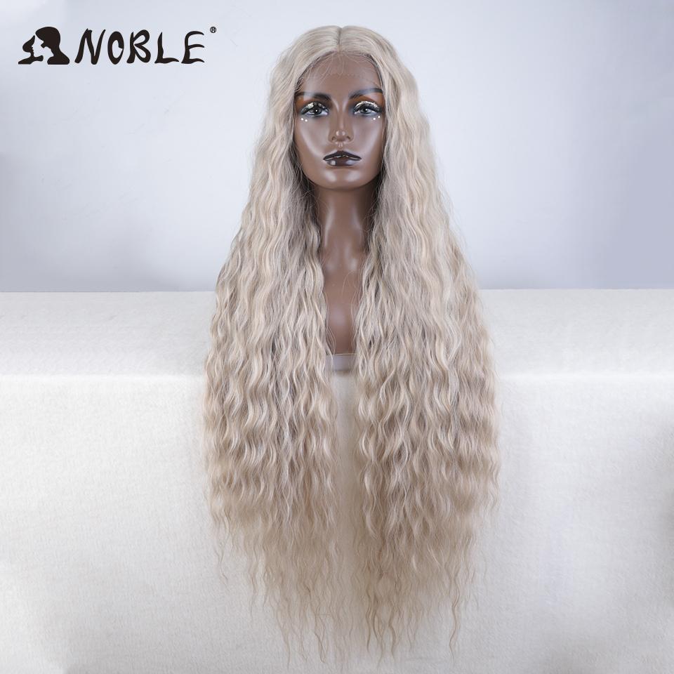 Noble 42 Inch Extra Long Water Wave Synthetic Lace Front Wig Ombre Brown Highlight Glueless Heat Resistant Curly Wig For Women