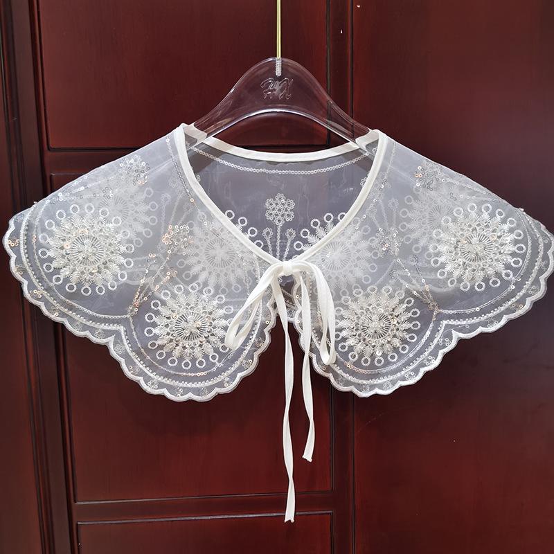 Organza Double Couche Broderie Ordinateur Faux Col à Sangle Nœud Châle Polyvalent Col DIY