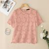 ZANZEA Women Casual Round Neck Hollow Out Lace Short Sleeve Blouse
