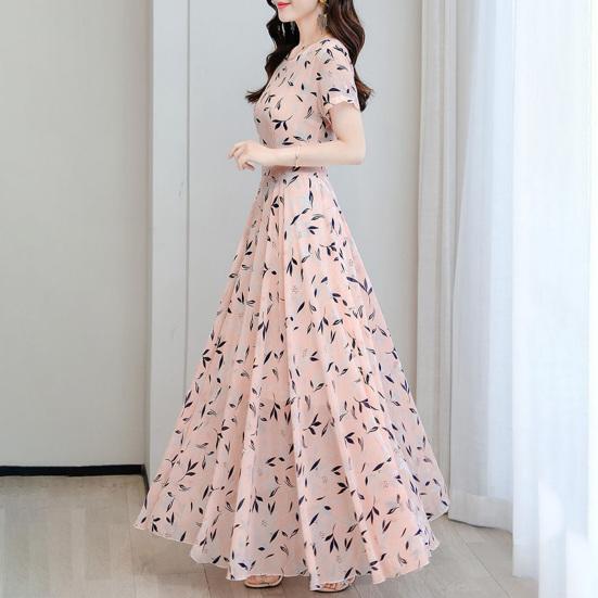 Kvinners Sommer Chiffon Flytende Maxi Kjole Casual A-linje Kort Erm Crew Neck Lang Kjole Blomstret Boho Strand Sommerkjole