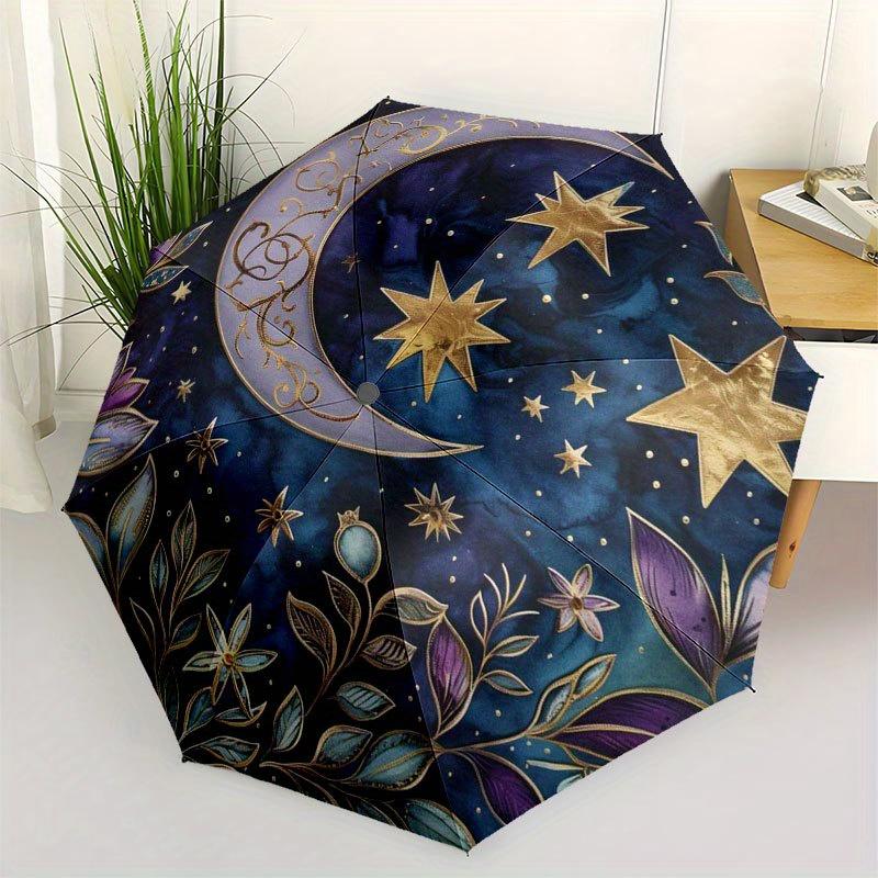 

Starry Night Moon and Stars Decorative Plate Umbrella, Cute Umbrella with Cute Design, Portable 3-Fold Compact Umbrella for Men & Women, Valentine s D