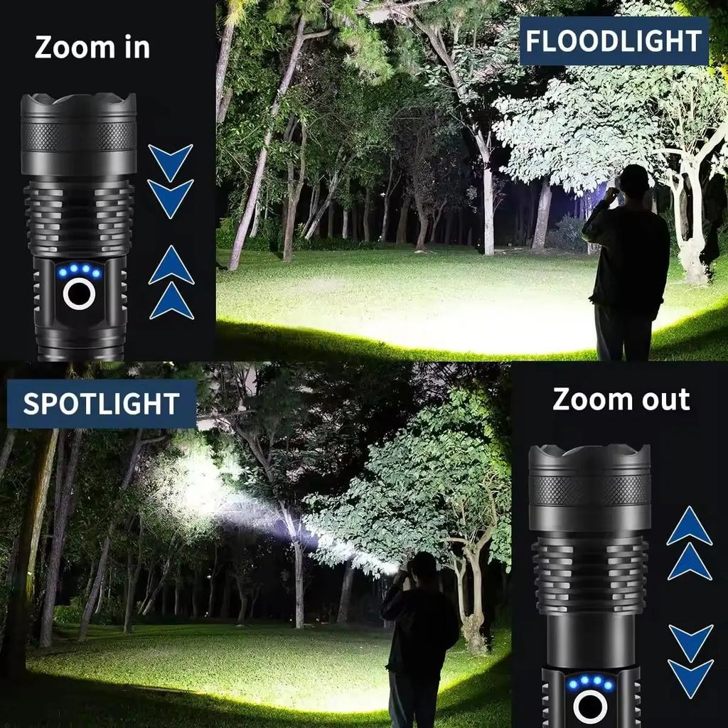 Powerful LED Flashlight USB Rechargeable Hand Light Telescopic Zoom Torch Lamp Outdoor Camping Fishing Lantern