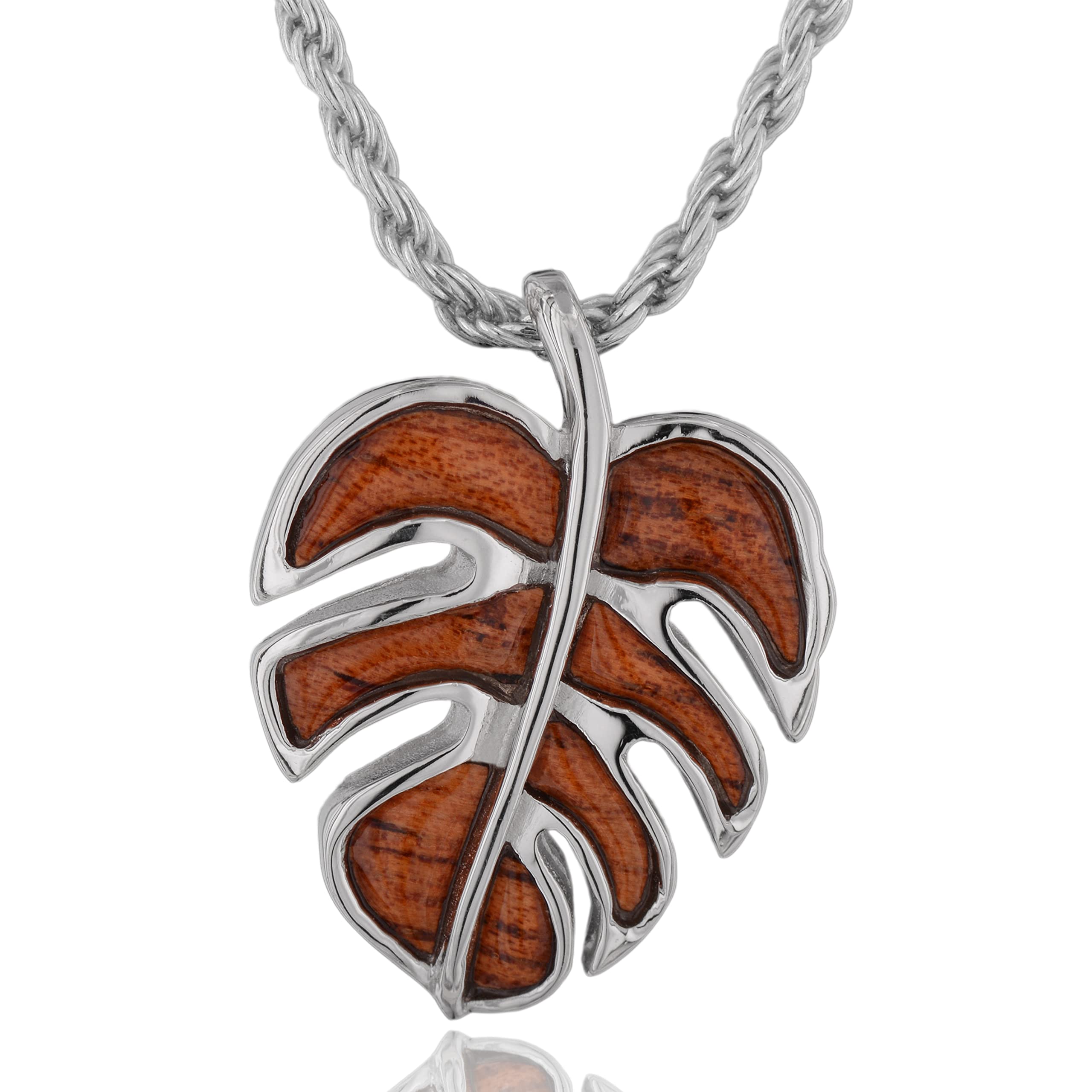 

Leilani Hawaiian Jewelry Koa Wood Monstera Pendant Necklace for Men, Silver 925 (50cm Rope Chain Included)