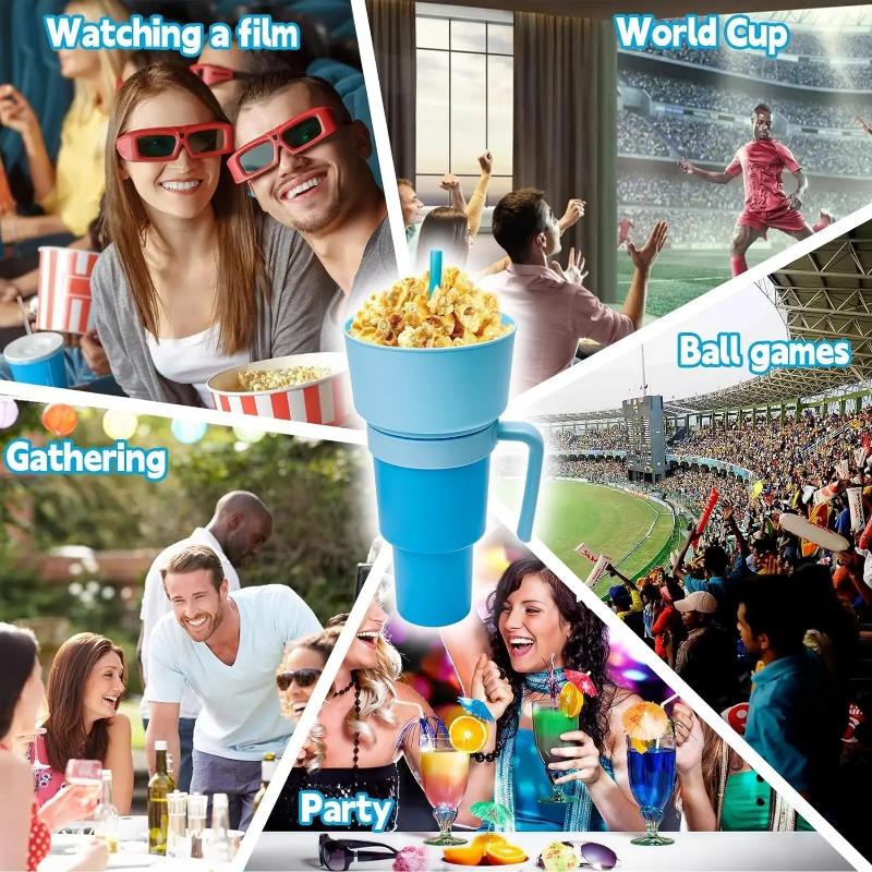Neuer 2-in-1-Kreativ-Popcorn-Snackbecher, integrierter Getränkebecher mit Griff, tragbarer Getränkebecher, neuartiges Design und viele Funktionen
