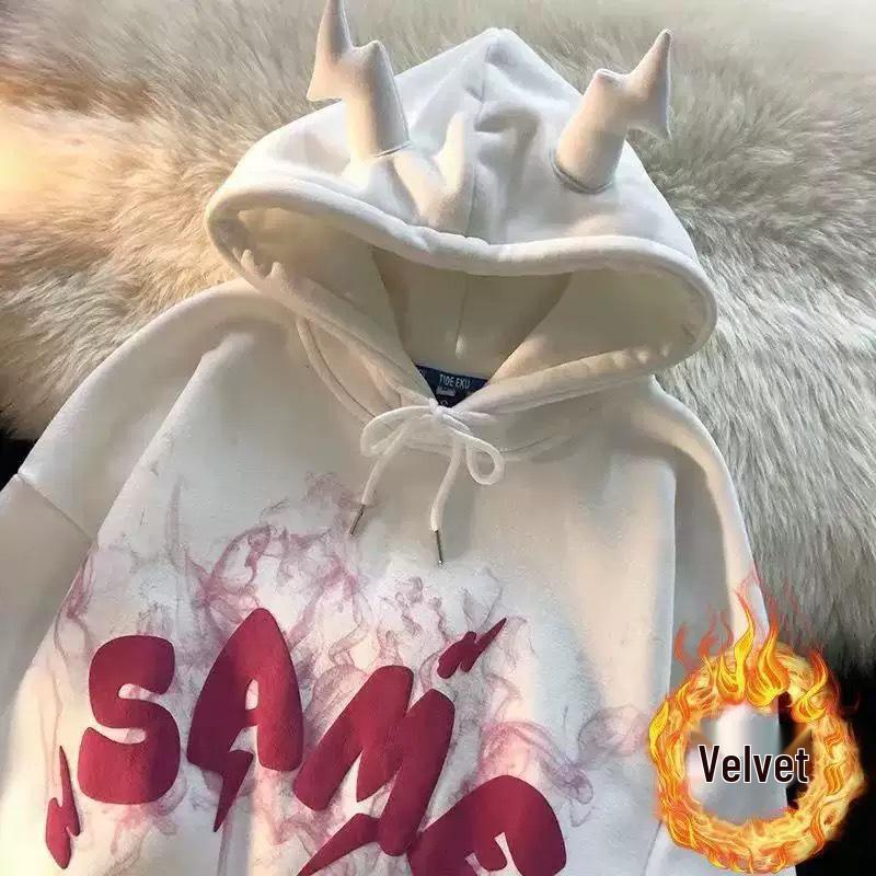 Unisex Graffiti Hooded Sweatshirt with Puff Print - Niche Cute Style, Thin Plus Velvet, Perfect for Autumn and Winter Couples.
