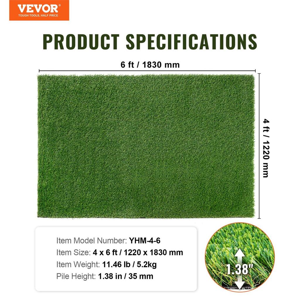 Artifical Grass, 1.2 X 1.8 M Rug Green Turf, 35mmFake Door Mat Outdoor Patio Lawn Decoration, Easy To Clean with Drainage Holes, Perfect For
