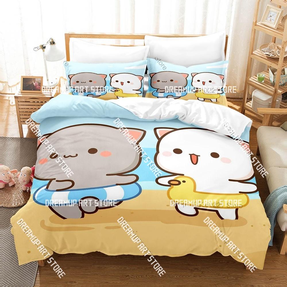 Fashion Adorable Peach And Goma Cat Bedding Set Single Twin Full Queen King Size Bed Set Kids Bedroom Duvetcover Sets Bed