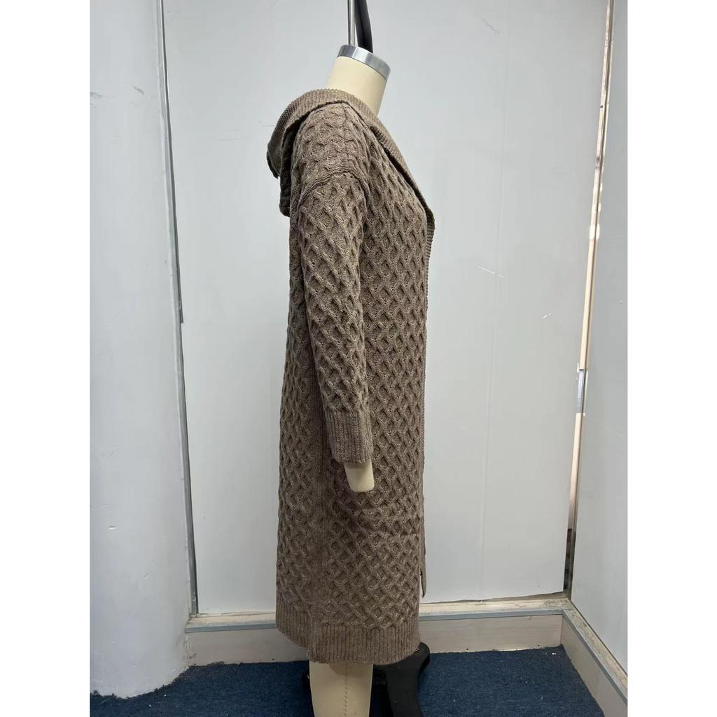 Autumn Winter Women's Long Cable Knit Hoodie, Plush Ribbed Open Front Cardigan with Warm Fleece Lining, Oversized Sweater Coat for Casual Comfort