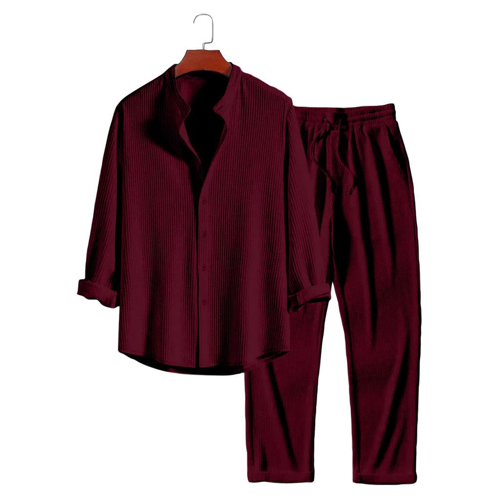 Men's Striped Texture Long Sleeve Shirt and Pants Set for Everyday Wear