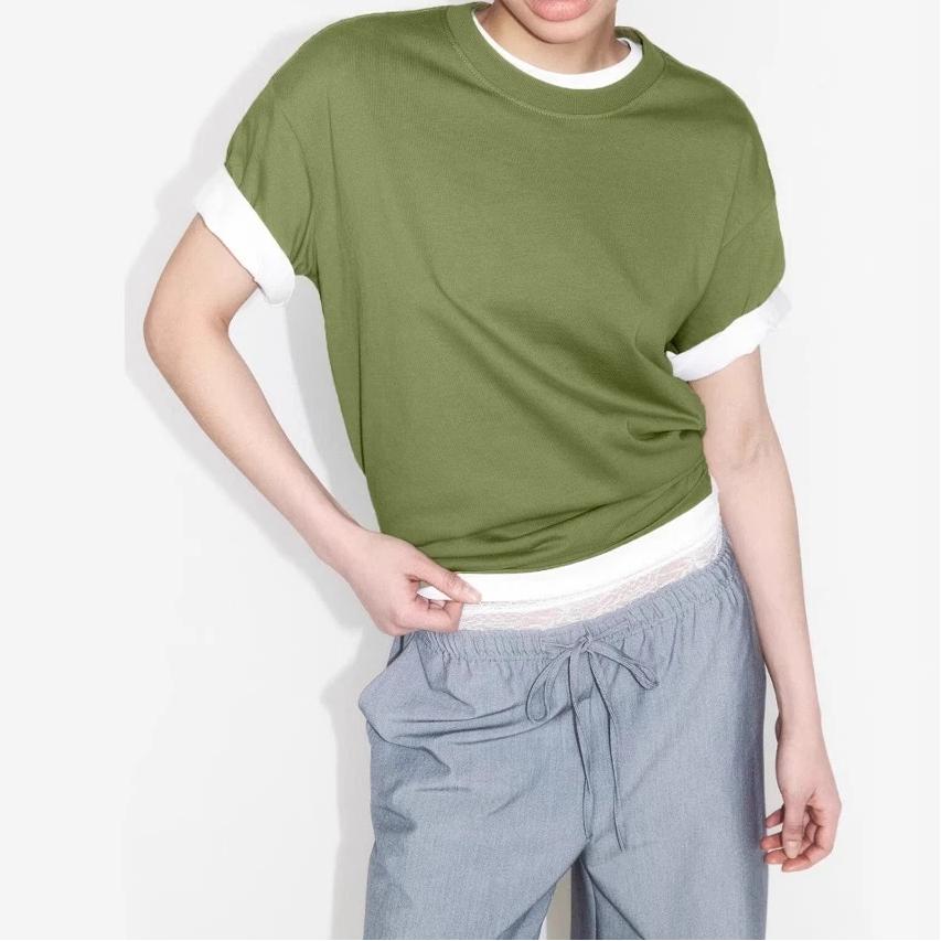 

100% Cotton Round Neck Solid Color T-shirt Women s Short Sleeved Top L армия зеленый