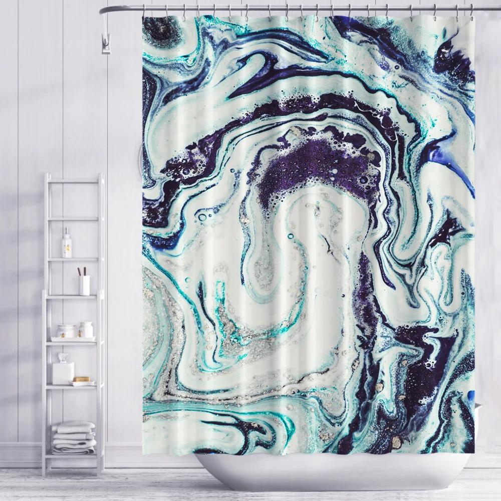 Nordic Gradient Marble Shower Curtain Blue Gold 3D Printing Texture Thickening Waterproof Polyester Bathroom Curtains With Hooks