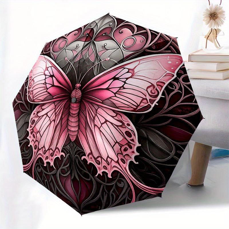 Stunning Pink Butterfly Stained Cute Wall Art Umbrella, Cute Umbrella with Cute Design, Portable 3-Fold Compact Umbrella for Men & Women, Valentine's