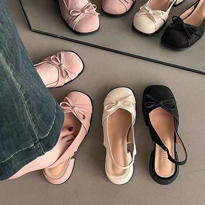 Pink Mary Jane Women's Thick Heel Summer New Bow Satin Bag Head Empty Sandals