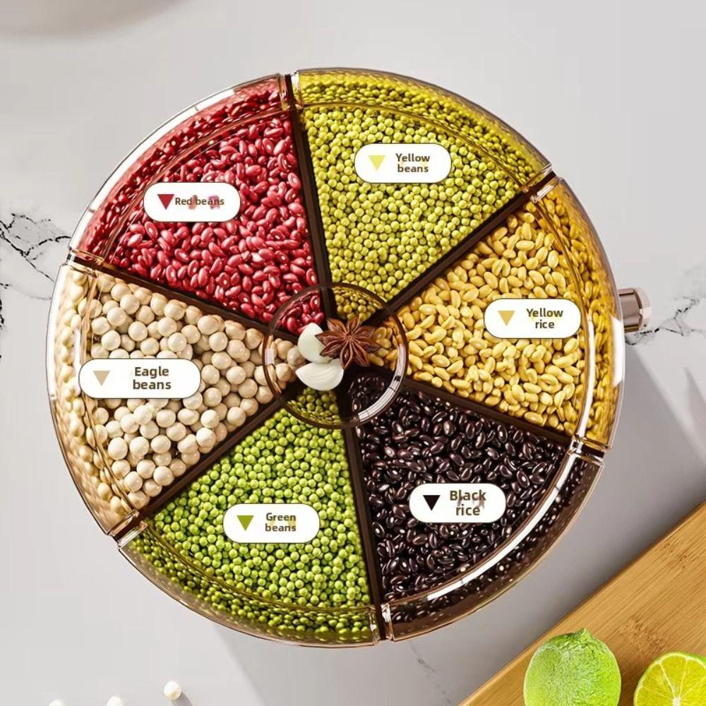 6-Grid Design Grain Storage Container Rotatable Dividers Rotating Rice Bucket  Kitchen Storage