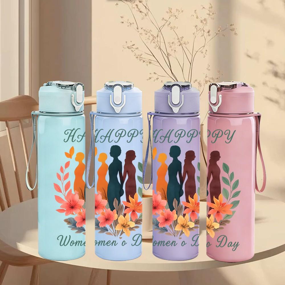 1PC Happy Womens Day Text Art Pattern 750ml Color Plastic Sports Water Bottle Leakproof Flip Straw Lid Suitable for Sports Office Home Use