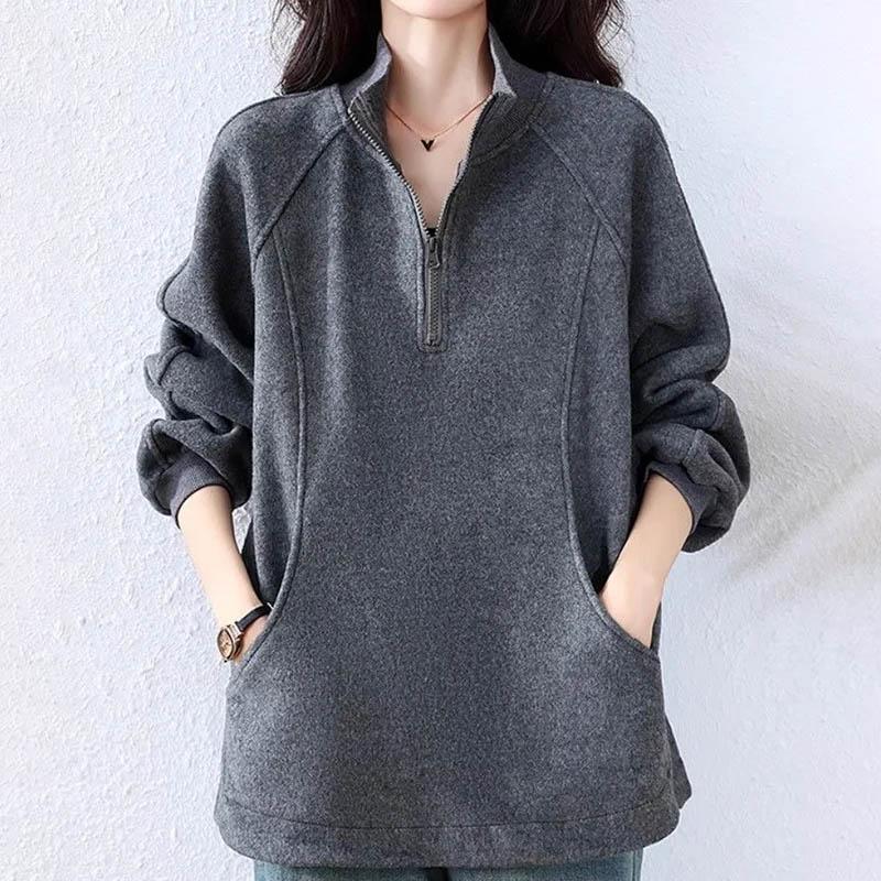 Sweatshirt for Women Cotton Oversize Half-open Collar Fleece Thickened Loose Round Neck Casual Pullover Long Sleeve Top Sweatshirt
