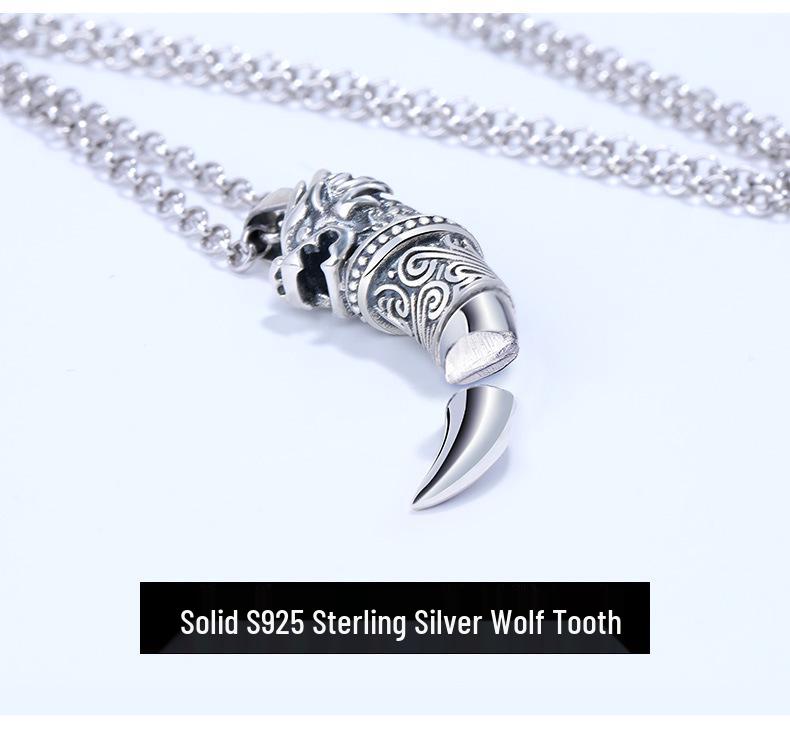 S925 Sterling Silver Personalized Wolf Tooth Pendant Necklace - Unisex Retro Design