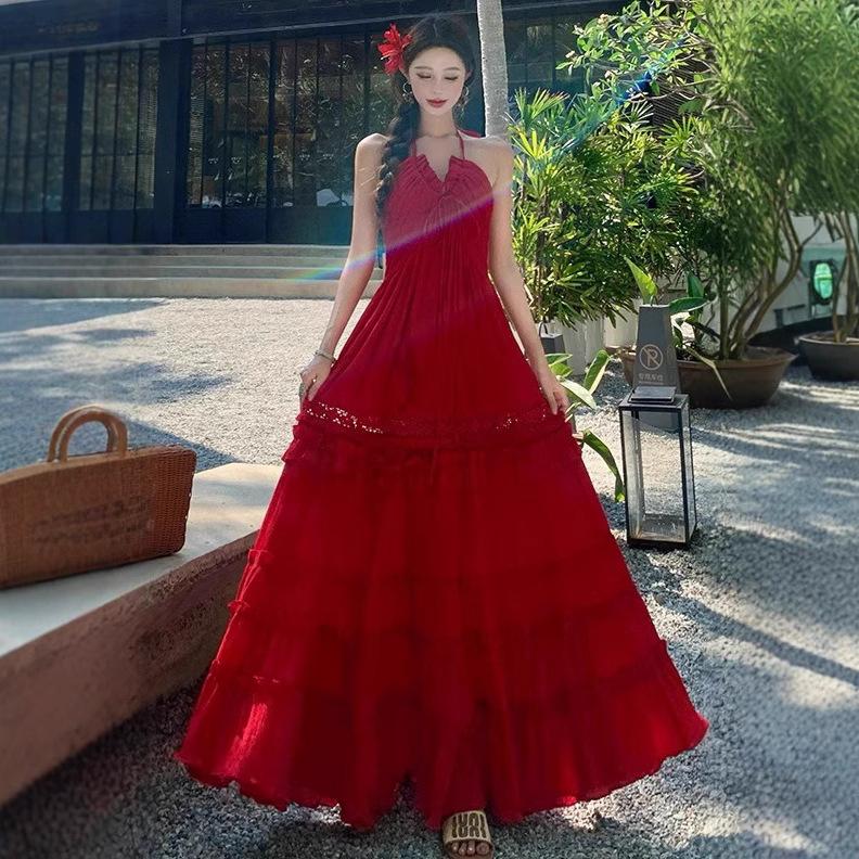 French Beach Dress Vacation Dress Long Dress Sexy Halter Fairy Summer Neck Sling Lace Cake Dress