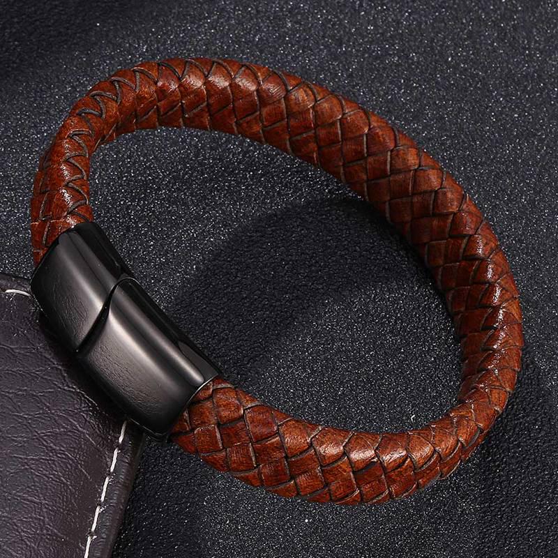 

Браслет из натуральной кожи для мужчин, коричневый, кожаный, черный, застежка из нержавеющей стали, модные браслеты, ювелирные изделия, браслет, подарок 205mm коричневый