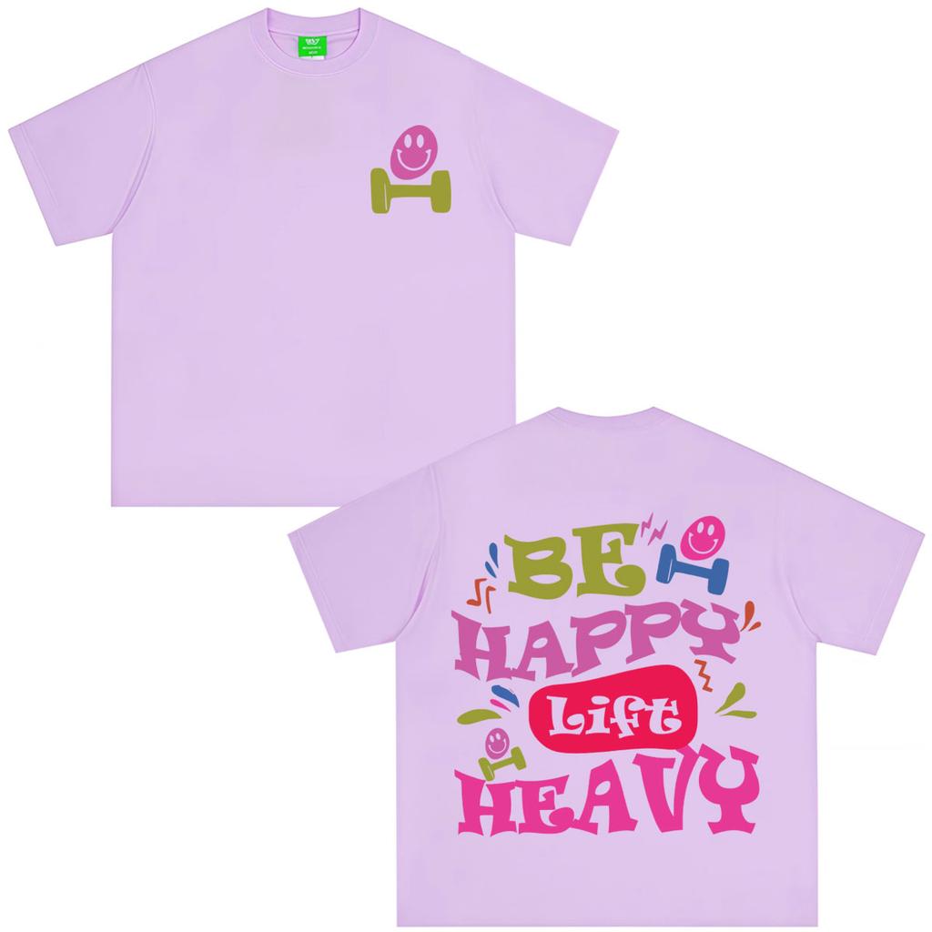 Be Happy Lift Heavy Colorful Bubble Font Dumbbell Smile Graphic TShirt Tees Unisex Unisex Aesthetic Trend Fashion Cotton Tshirts