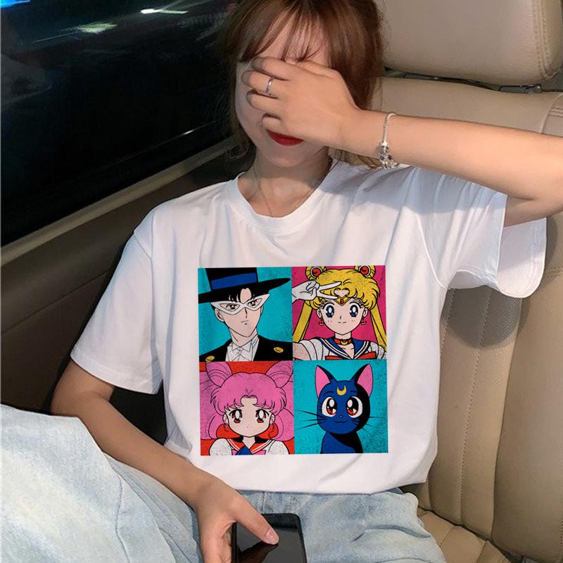 Kawaii Sailor Moon 90-talls T-skjorte for kvinner Kortermet Harajuku Ullzang T-skjorte Estetisk Anime Søt