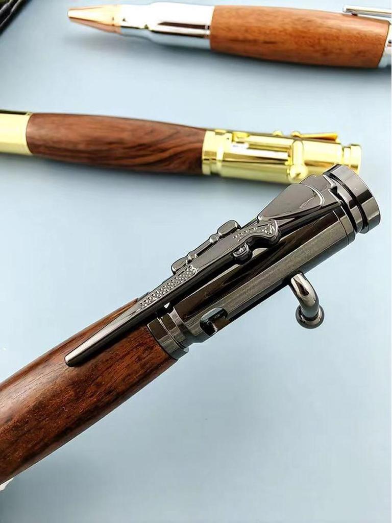 Brass Sandalwood Gun Handle Ballpoint Pen, Engravable Submachine Gun Design