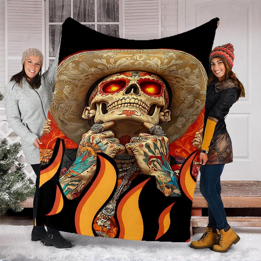 1pc Day of the Dead Skull Print Outdoor Blanket, Lightweight Polyester,